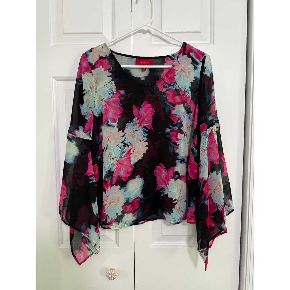 Women's Blouse JENNIFER LOPEZ Pink Black Floral bell sleeves Top size XS‎